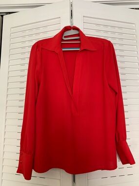 Zara Red Deep V-Neck Long-Sleeve Blouse